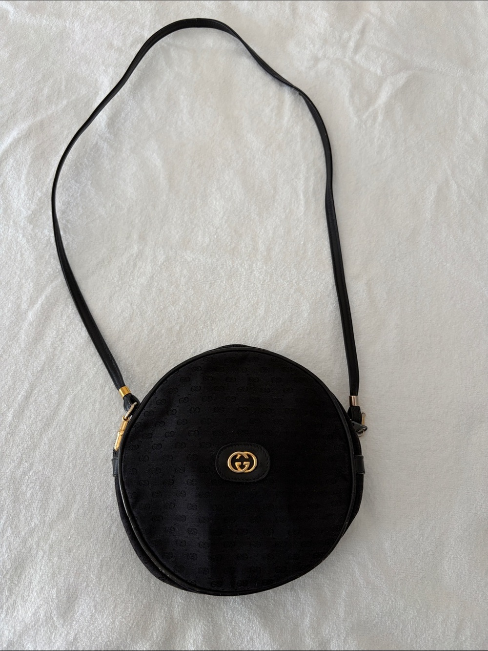 Gucci Vintage Canteen Black Round Crossbody with Gold GG Emblem